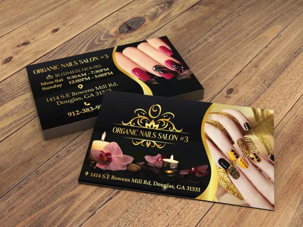 Organic Nails Salon business cards, black with red nail photos