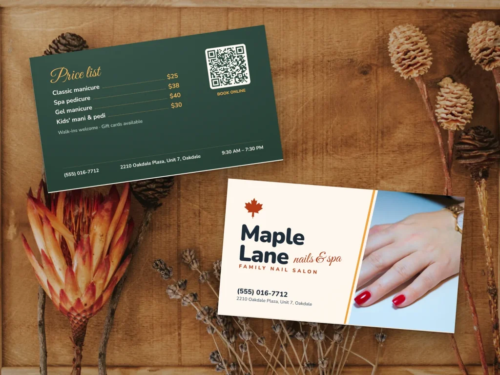 A consistent nail salon logo on cards, signs and profiles builds recognition
