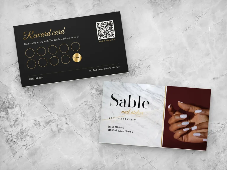 Business card template BC-03 for a nail salon: Sable Nail Atelier, white marble, black serif type, gold edge, black back with a 10-visit reward card