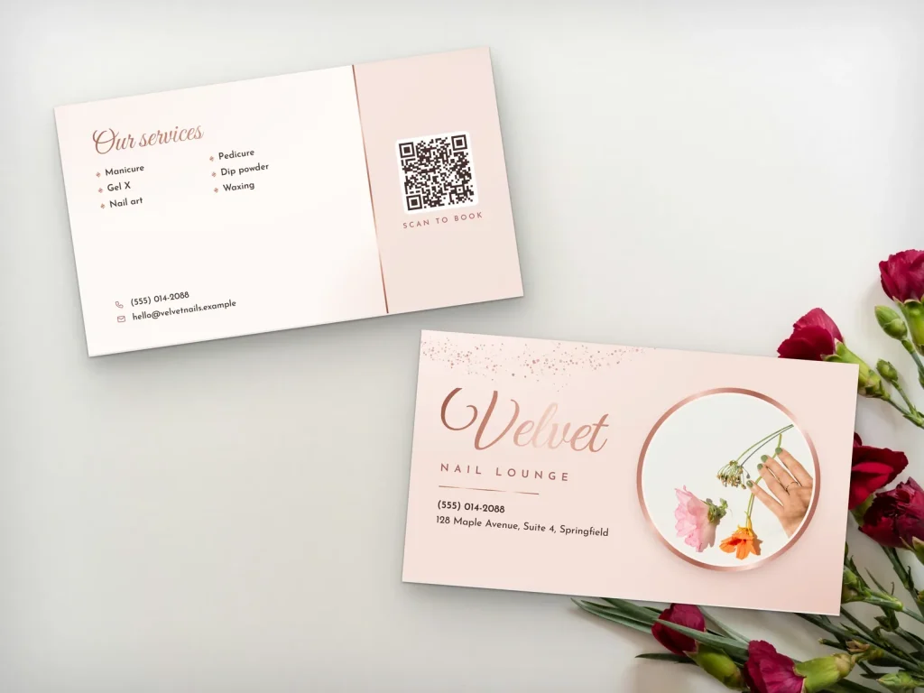 A two-sided business card design for a nail and beauty salon