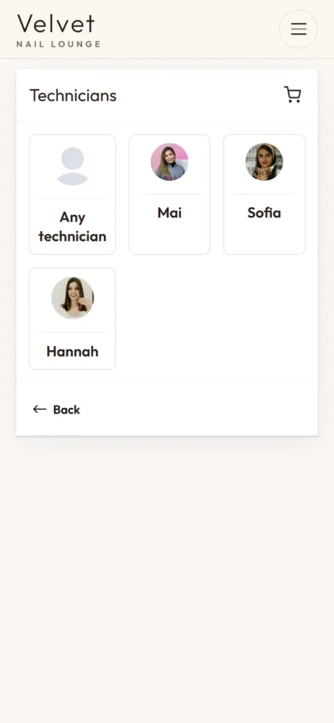 A client chooses a technician on a salon booking page on her phone
