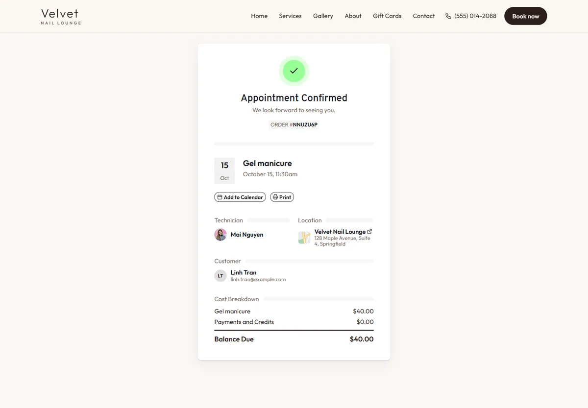Đặt lịch online trên website tiệm nail: lịch hẹn đã xác nhận