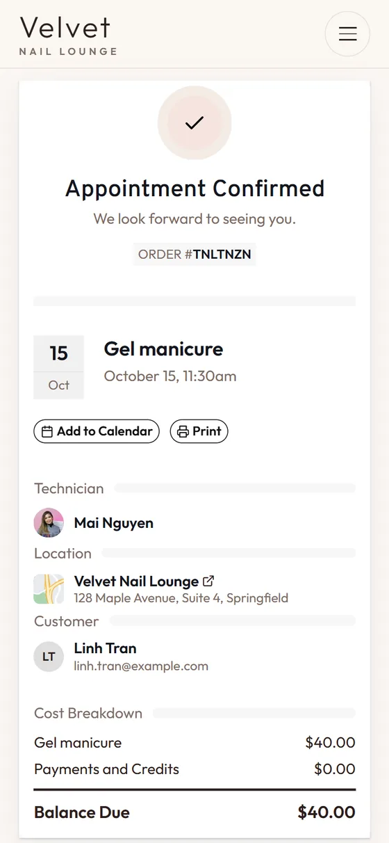 Online booking on a nail salon website: appointment confirmed