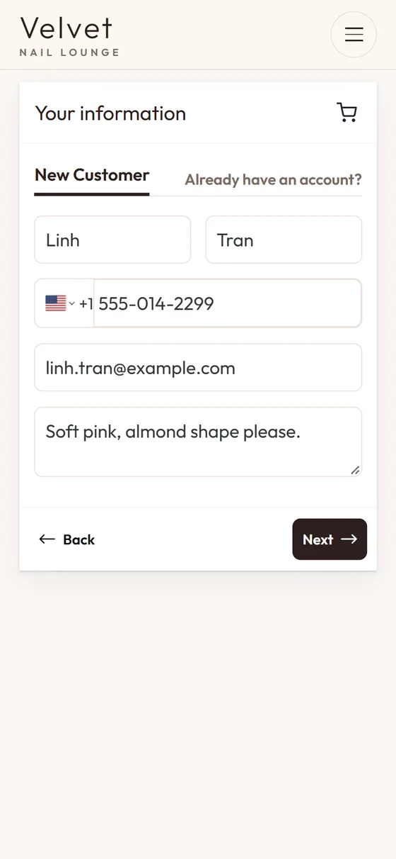 Online booking on a nail salon website: name, phone and email