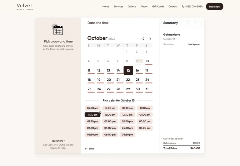 Online booking on a nail salon website: picking an open day and time