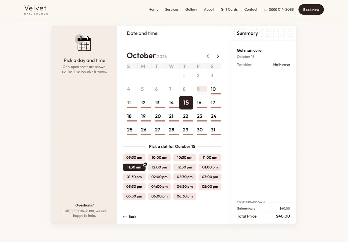 Online booking on a nail salon website: picking an open day and time