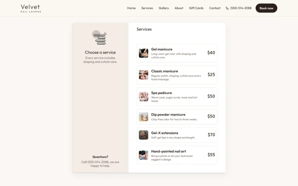 Online booking on a nail salon website: choosing a service, with photos and prices