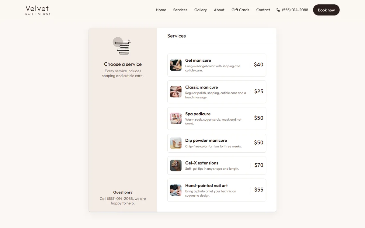 Online booking on a nail salon website: choosing a service, with photos and prices
