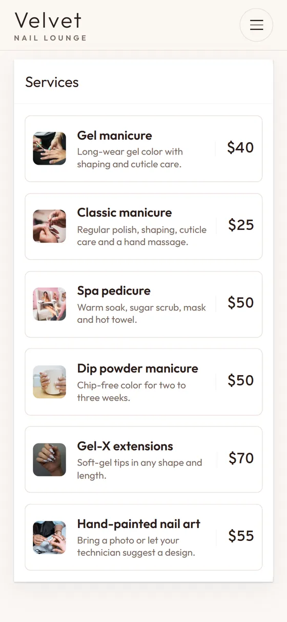 Online booking on a nail salon website: choosing a service, with photos and prices