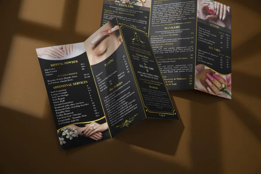 Tên tiệm nail hay in nổi bật trên brochure nền đen