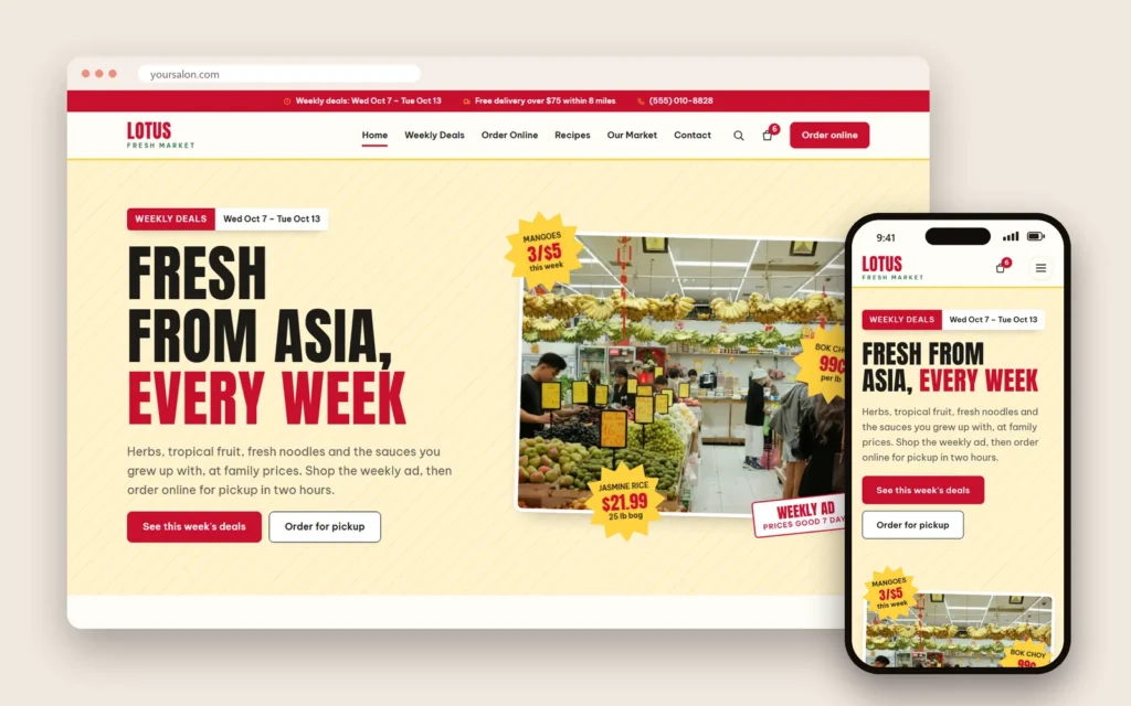A specialty market website can feature weekly specials and bilingual product names