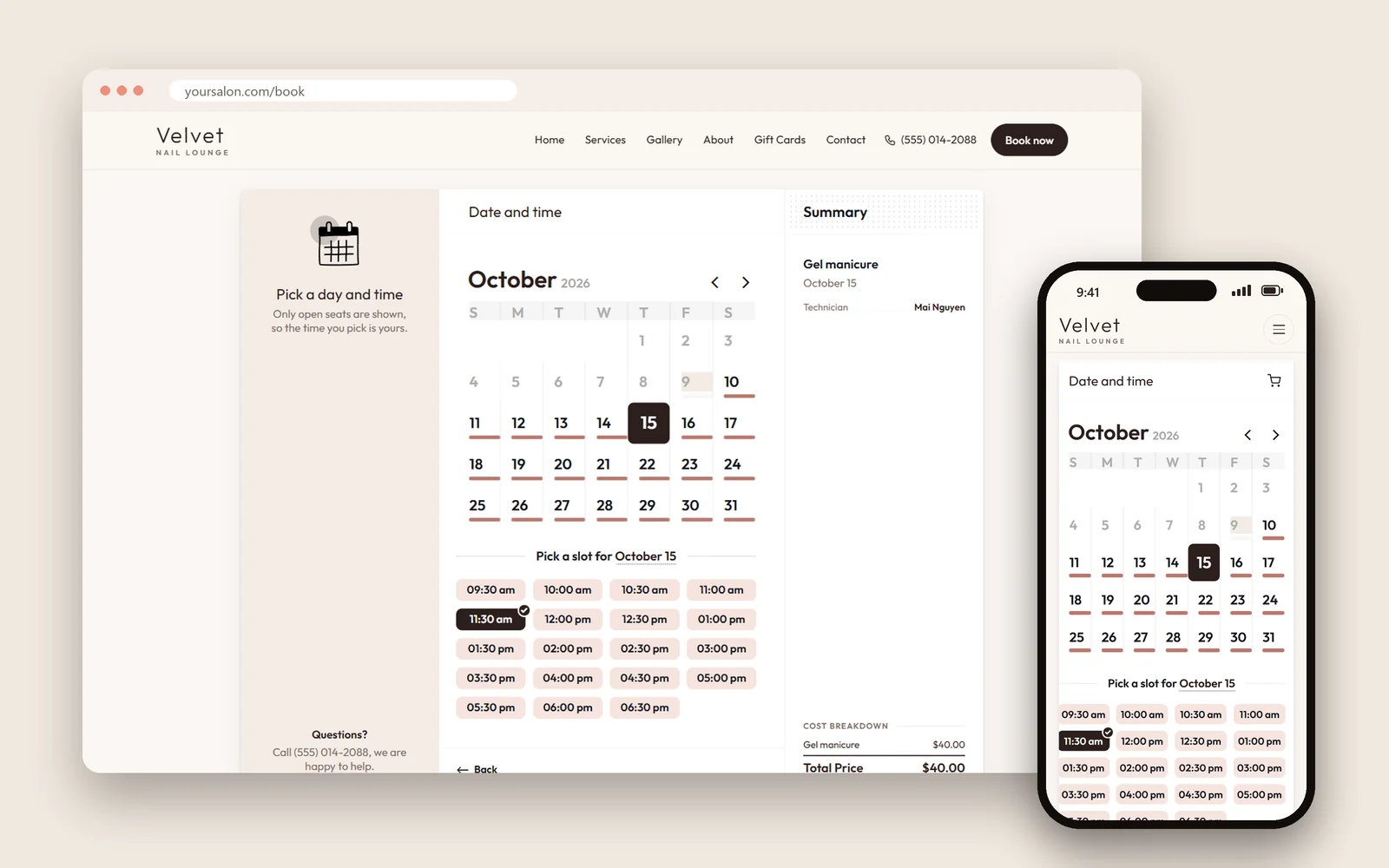 Dreamer Booking System trên website tiệm nail, trên máy tính và điện thoại