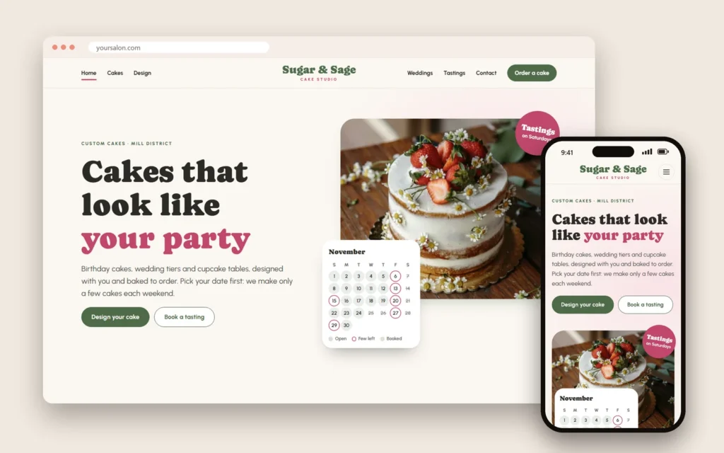 A cake studio website needs a gallery, flavors, sizes and a custom cake order form