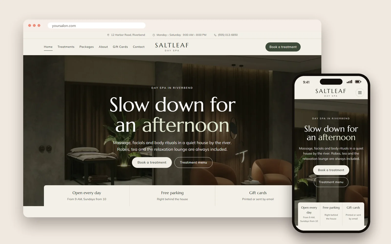 A day spa demo website by Dreamer on a laptop and a phone