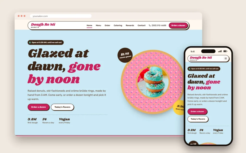 A donut shop website leads with bright photos, early hours and dozen boxes