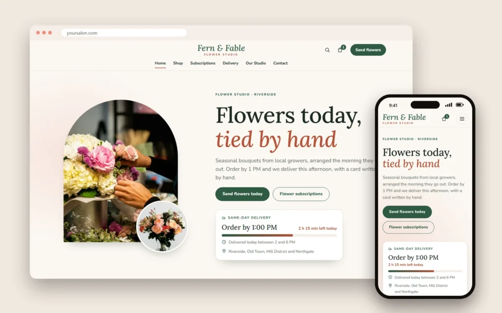 A flower shop website needs delivery areas, cut-off times and real bouquet photos