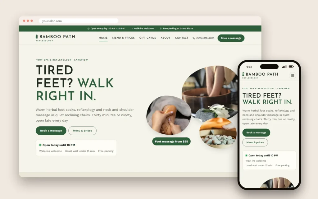 A foot spa needs simple prices and walk-in details on its website