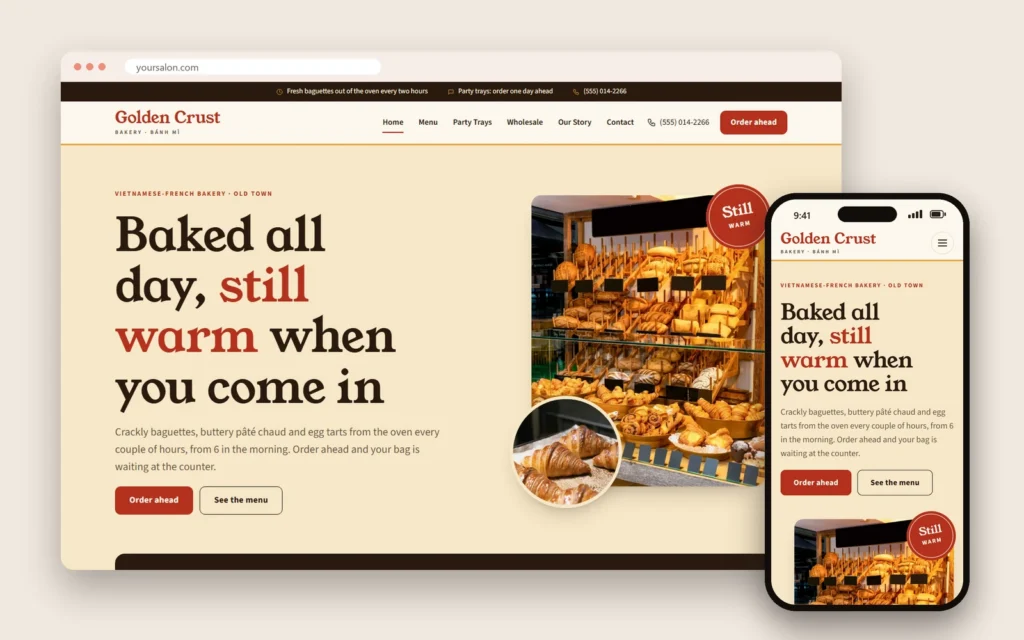 A Vietnamese-French bakery demo website by Dreamer on a laptop and a phone