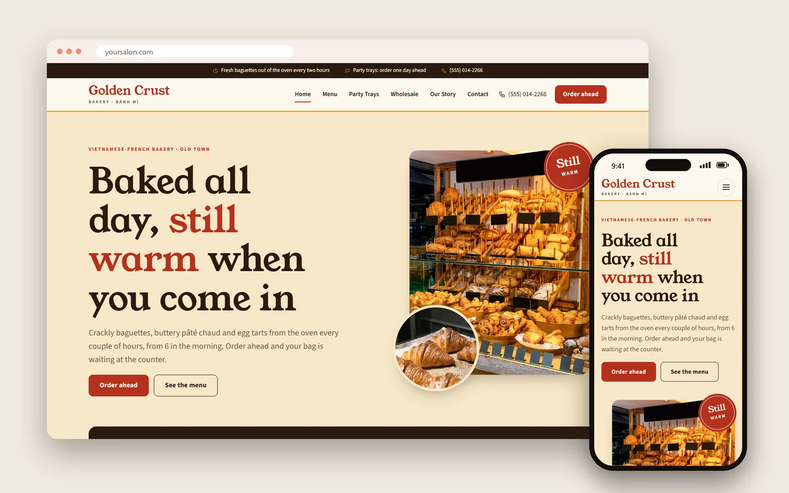 A Vietnamese-French bakery demo website by Dreamer on a laptop and a phone