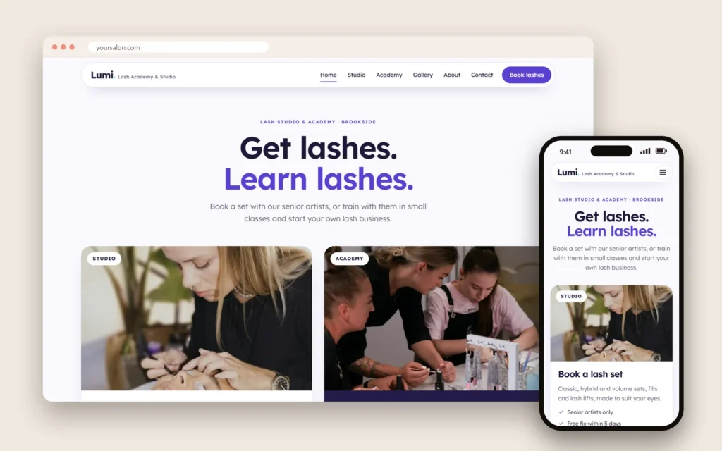 A lash studio website with an academy keeps client booking and courses separate