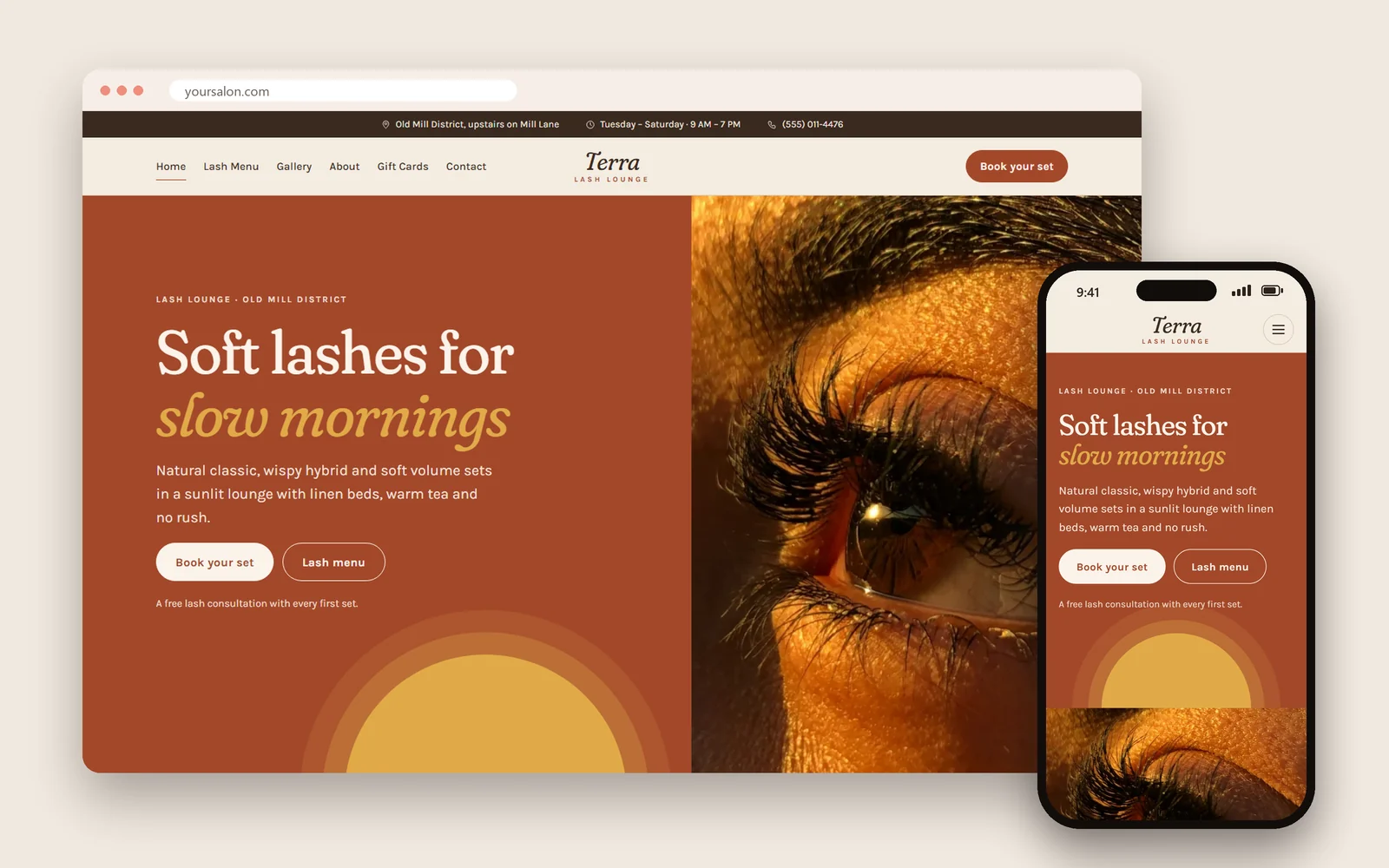 Website mẫu tiệm nối mi phong cách boho do Dreamer làm, trên máy tính và điện thoại