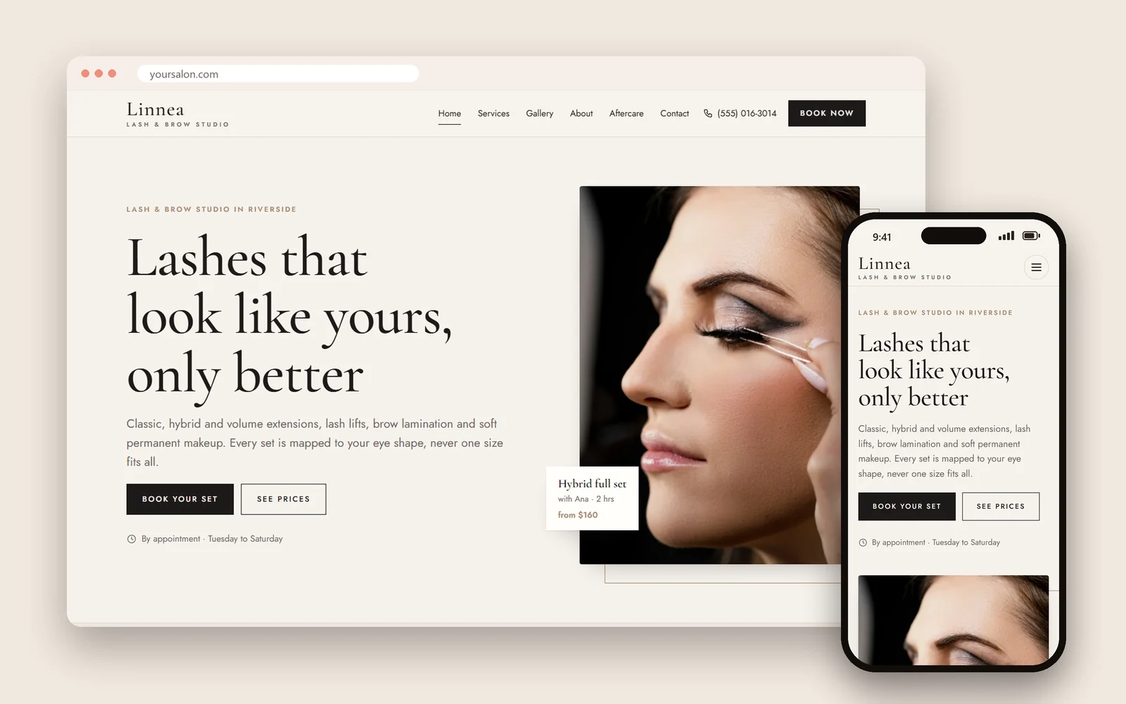 A lash and brow studio demo website by Dreamer on a laptop and a phone