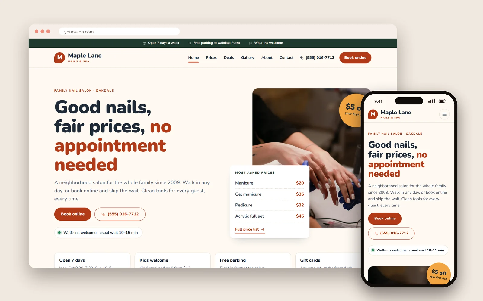 Website mẫu tiệm nail gia đình do Dreamer làm, trên máy tính và điện thoại