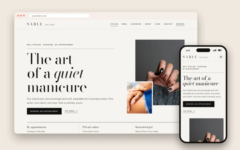 Website mẫu tiệm nail phong cách tối giản do Dreamer làm, trên máy tính và điện thoại