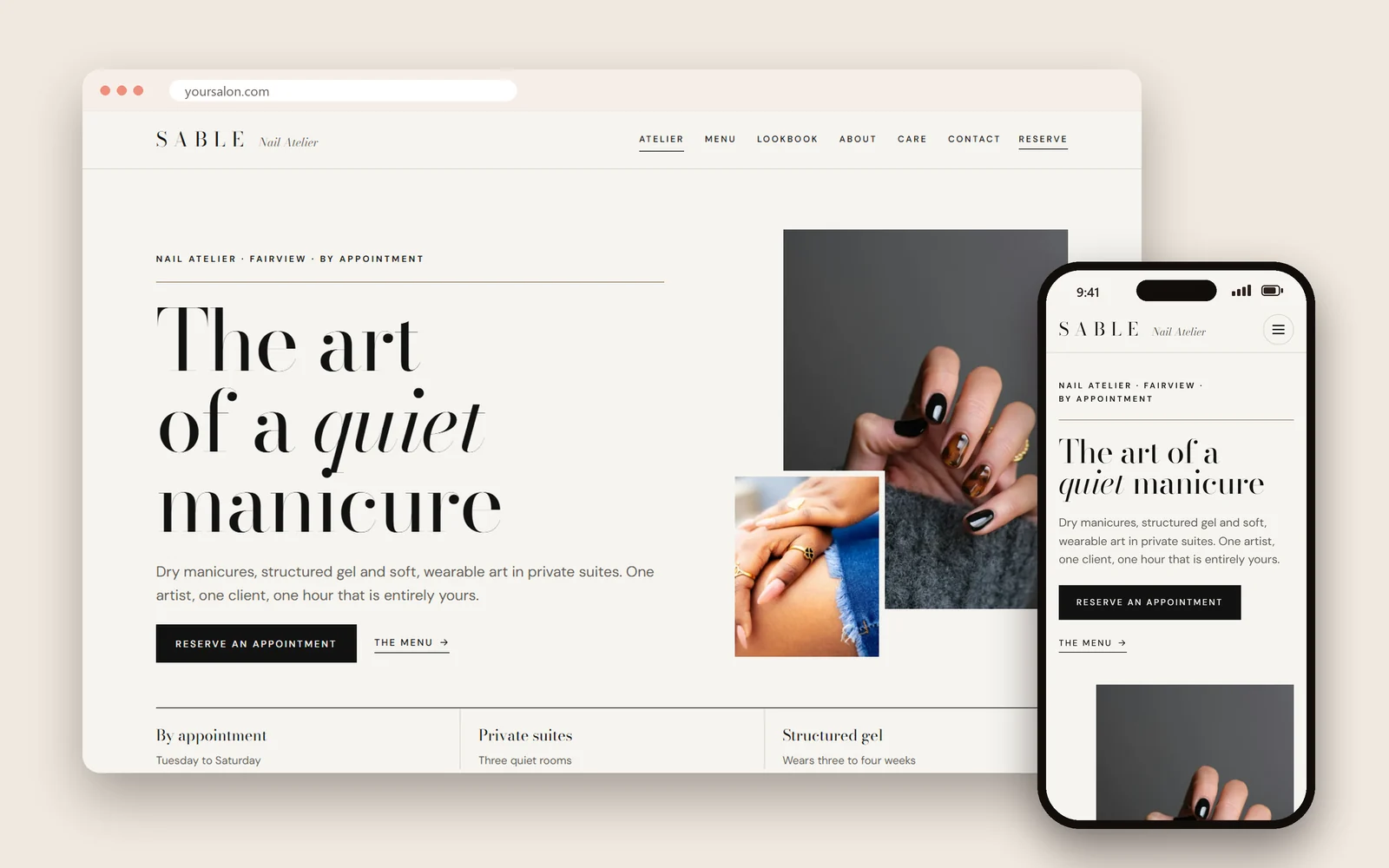 Website mẫu tiệm nail phong cách tối giản do Dreamer làm, trên máy tính và điện thoại