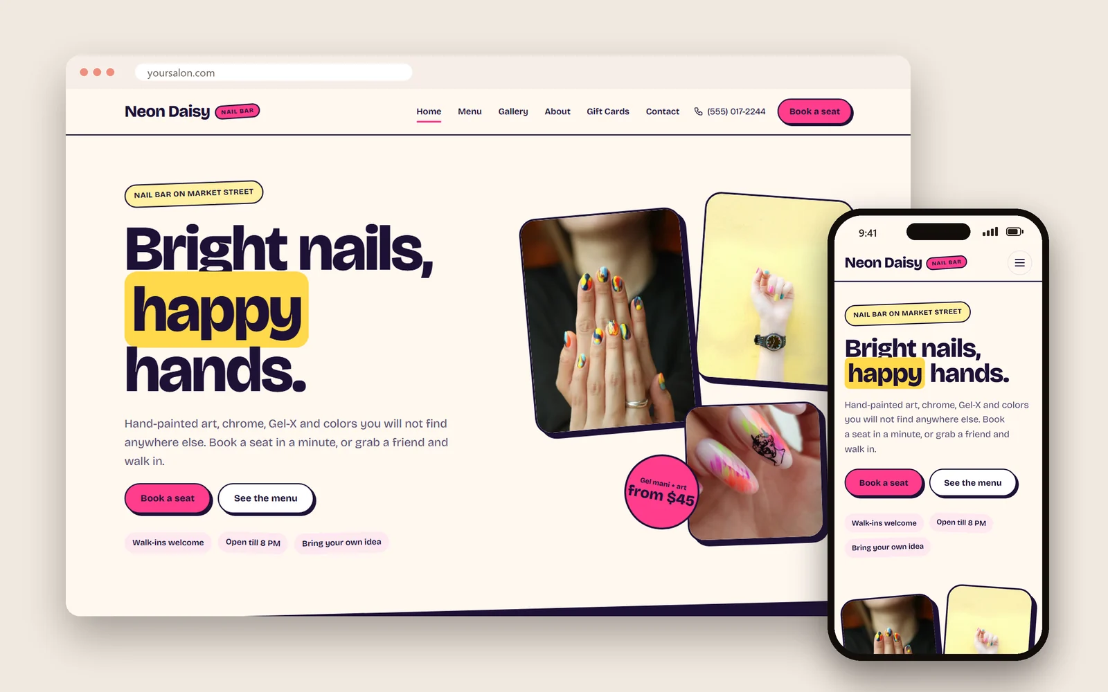 Website mẫu tiệm nail phong cách trẻ trung do Dreamer làm, trên máy tính và điện thoại