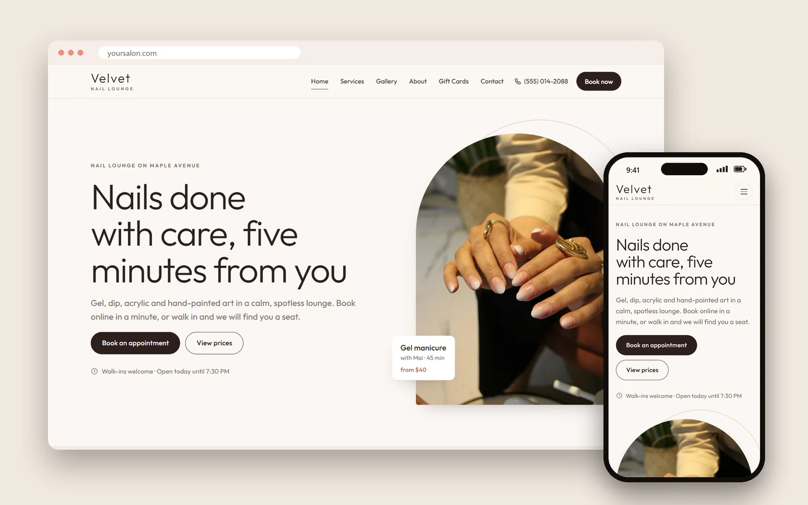 A nail salon demo website by Dreamer on a laptop and a phone
