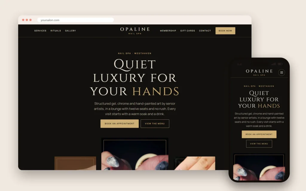 A luxury nail spa demo website by Dreamer on a laptop and a phone