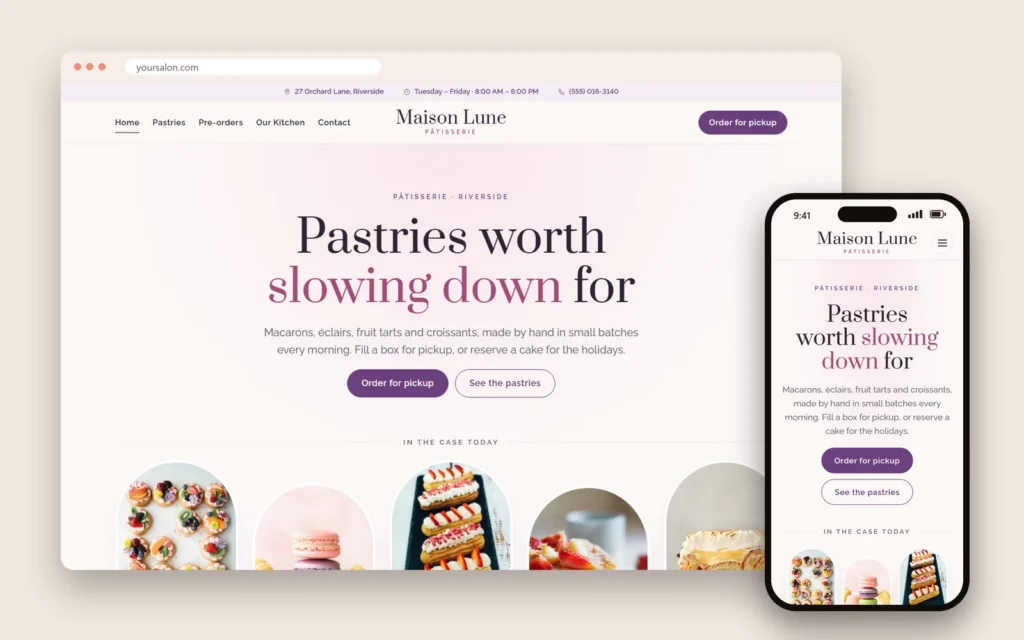 A patisserie website lets the pastry photos lead and keeps ordering simple