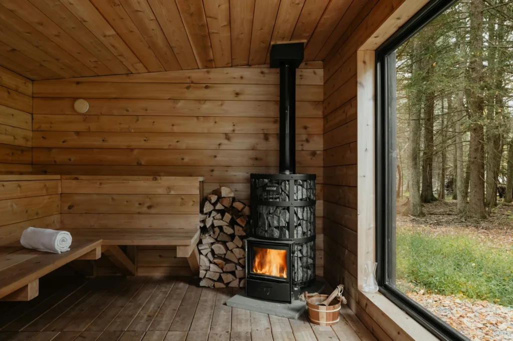 Wood-fired sauna with forest views