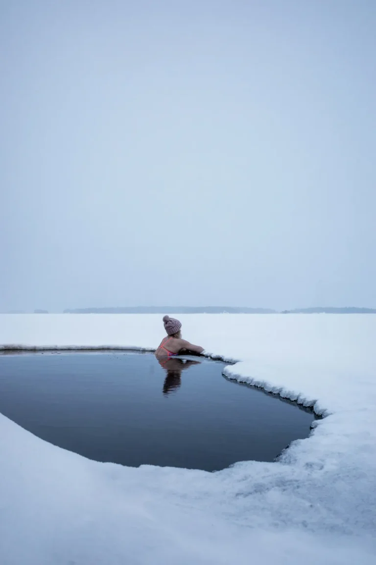 Cold dip in a winter lake