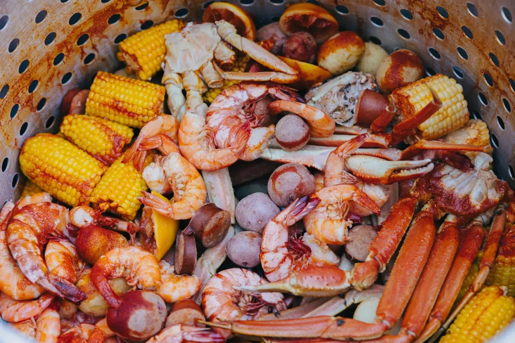 Seafood boil with shrimp, crab, corn and potatoes