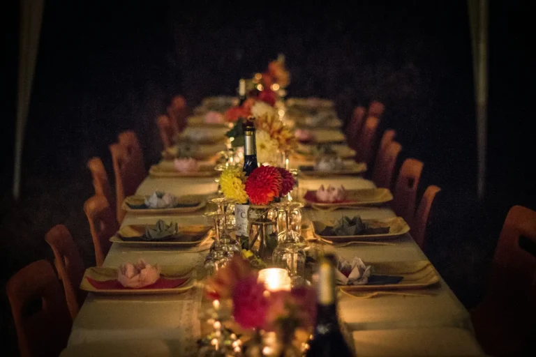 Long candlelit table for a private dinner