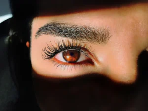 Laminated brows brushed upward