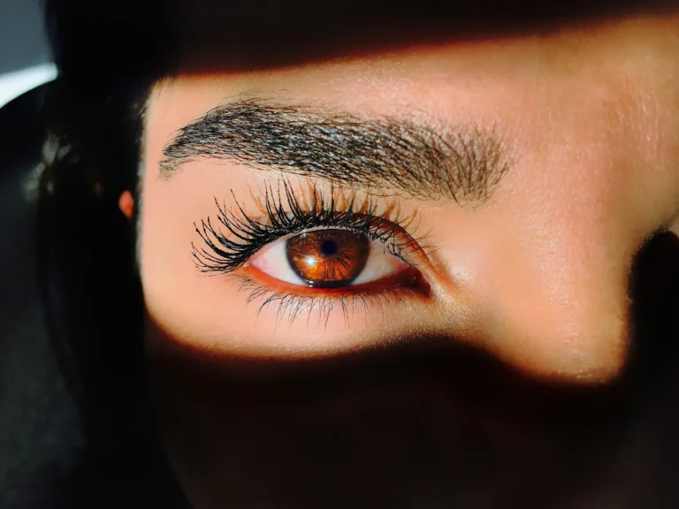 Laminated brows brushed upward