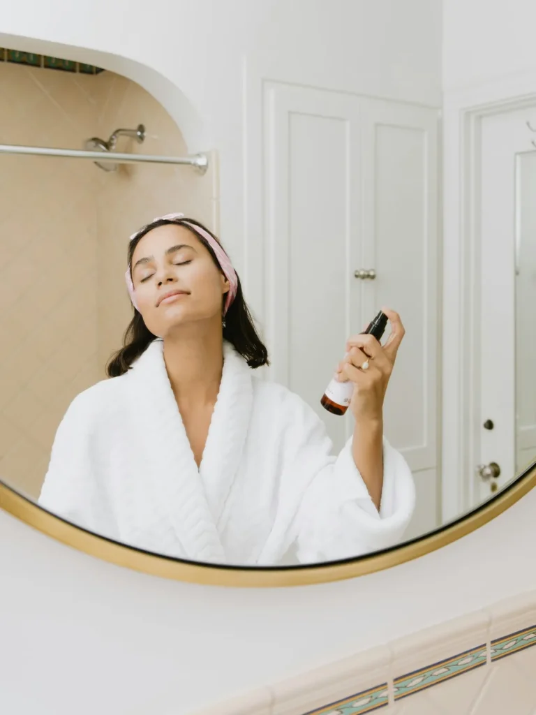 Misting toner at the mirror