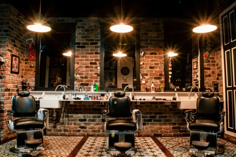 Barbershop with brick walls and lamps