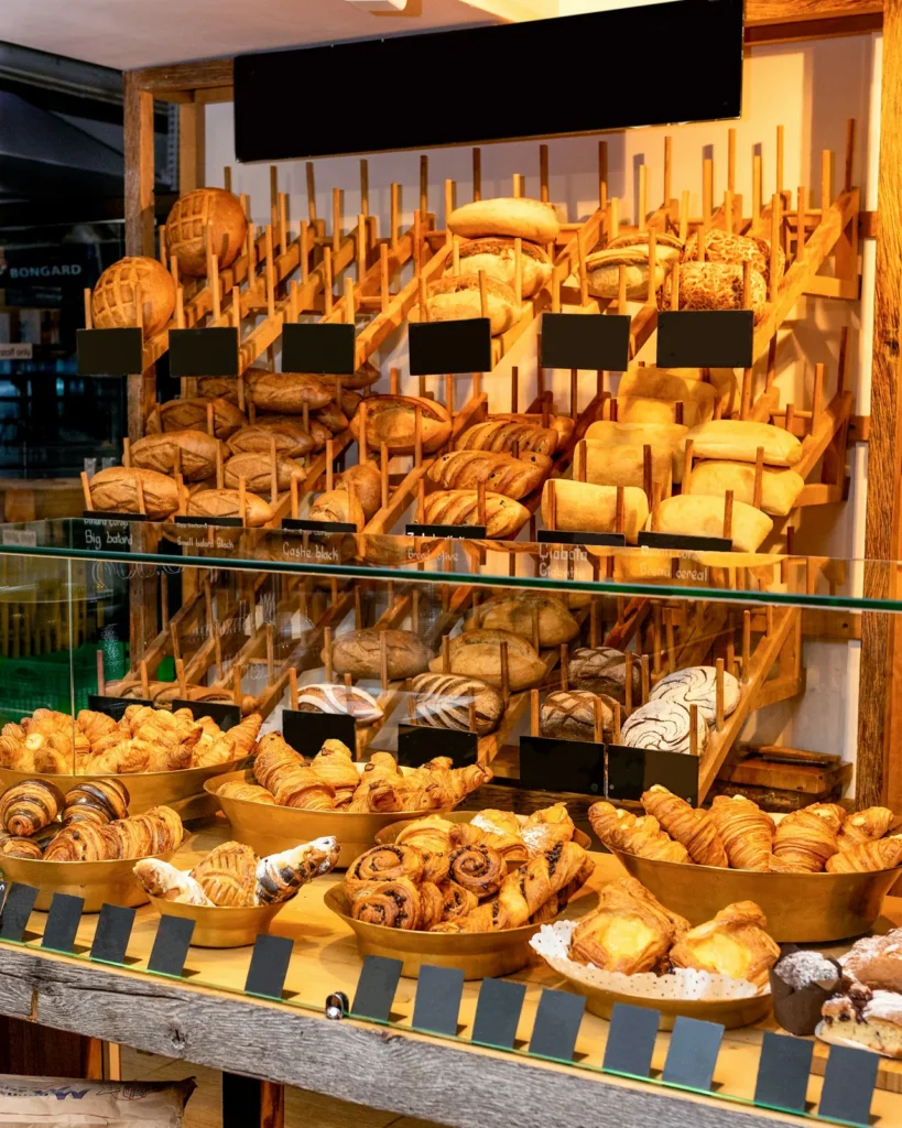 Bread wall with baguettes and croissants