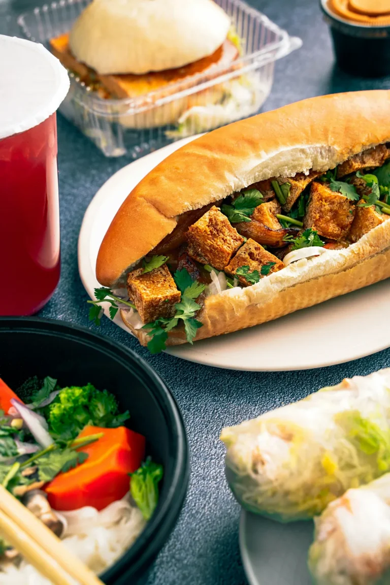 Crispy tofu banh mi on a plate