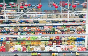 Grocery aisles under paper lanterns