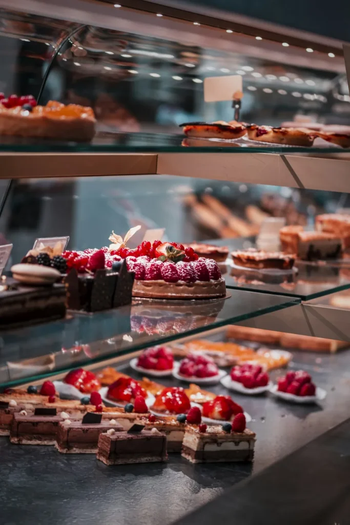 Pastry case with raspberry tarts