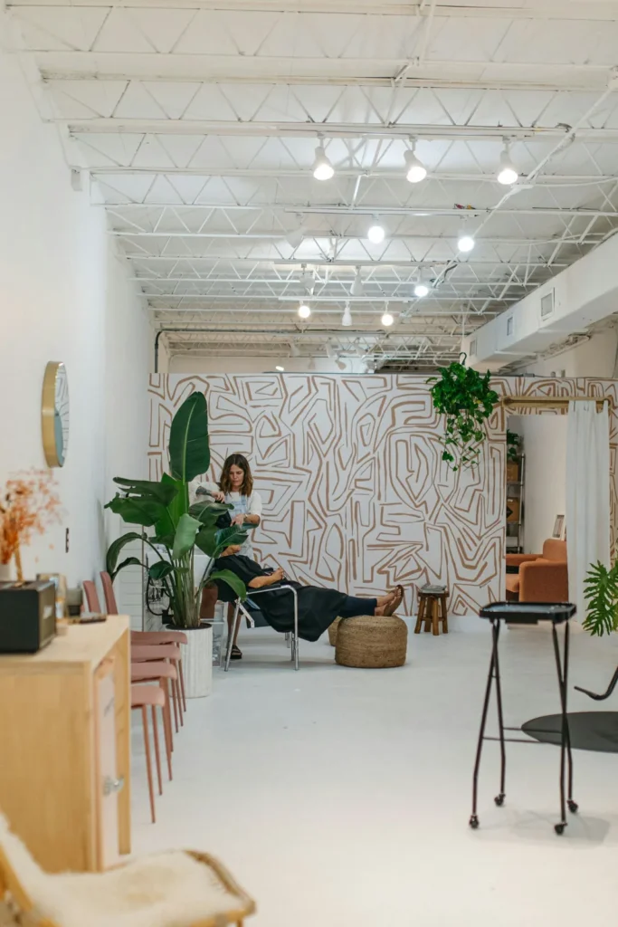 Airy white salon with plants