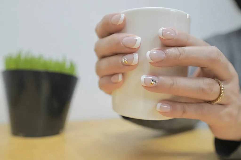 French tips around a white mug
