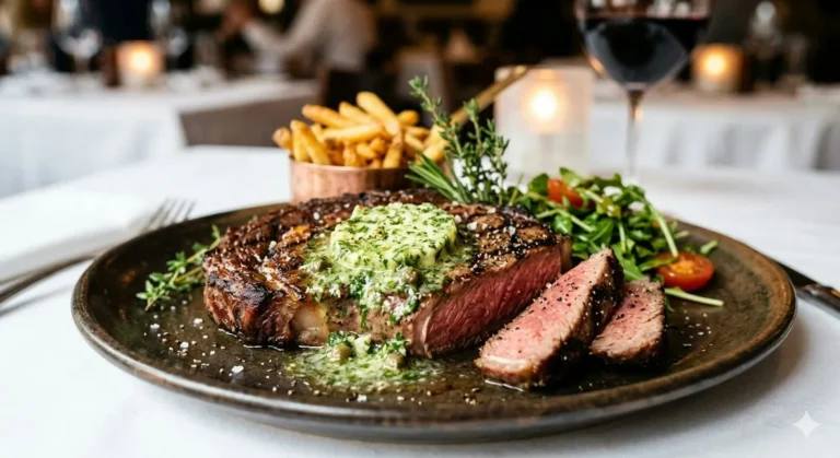 Sliced steak with herb butter on a white tablecloth