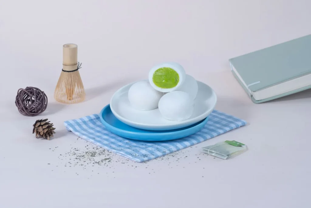White mochi on a blue checked cloth