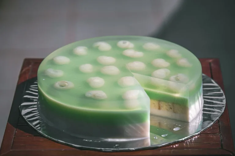 Pandan and coconut layer jelly cake, sliced